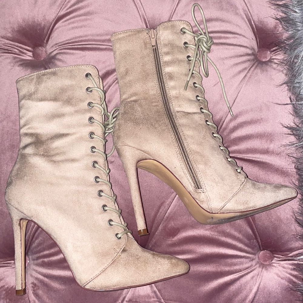 Taupe suede pointy lace heeled booties